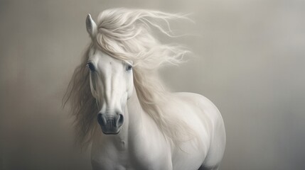 Obraz na płótnie Canvas a white horse with a long mane standing in front of a gray background with a blurry image of it's head.