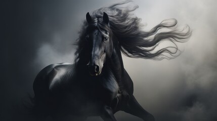  a black horse with a long mane running through the air in front of a dark sky with clouds in the background. - obrazy, fototapety, plakaty