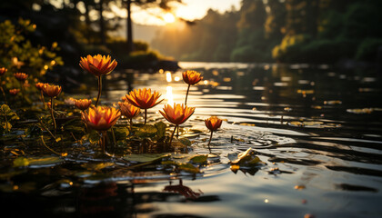 The yellow flower reflects in the tranquil pond at sunset generated by AI