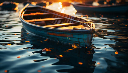 Sunset over tranquil pond, old rowboat reflects nautical beauty generated by AI