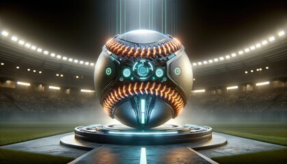 A conceptual image of a baseball infused with advanced holographic and circuit technology in a stadium setting.