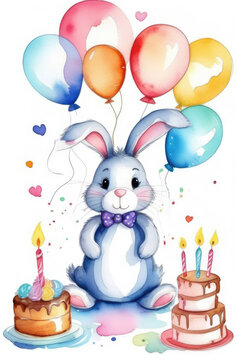 happy birthday watercolor greeting card, cute bunny holding colorful balloons with cakes and candles