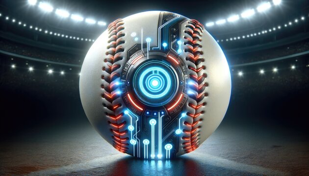 A conceptual image of a baseball infused with advanced holographic and circuit technology in a stadium setting.