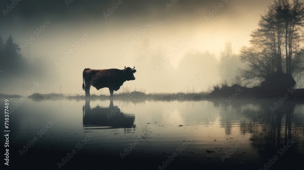 Poster a cow standing in the middle of a lake in the middle of a foggy day with trees in the background.