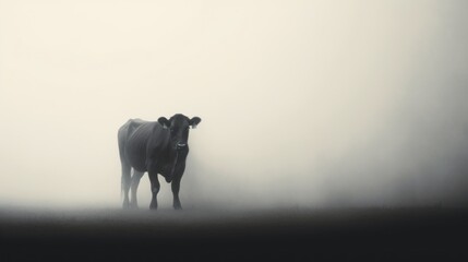  a cow standing in a foggy field with it's head turned to the opposite side of the camera. - obrazy, fototapety, plakaty