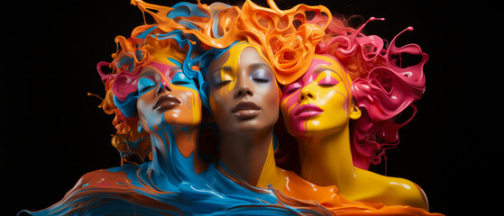 Portrait of a group of women covered in liquid paint - 718377629