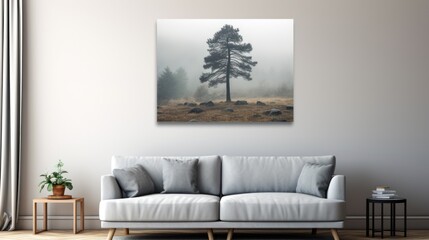  a living room with a white couch and a painting of a pine tree in the middle of a foggy field.