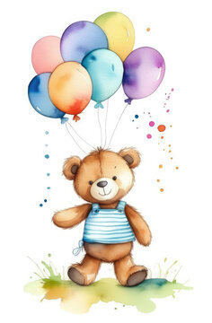 cute teddy bear toy holding colorful balloons, happy birthday watercolor greeting card.