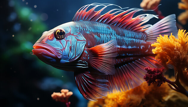 Vibrant colored fish swimming in a tropical reef generated by AI