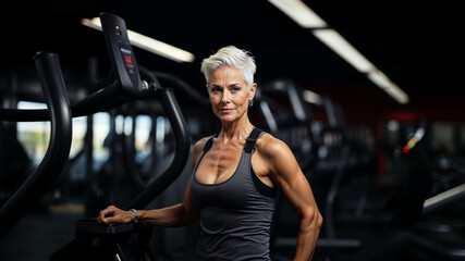 Fototapeta na wymiar candid shot of a senior muscular woman train in the gym