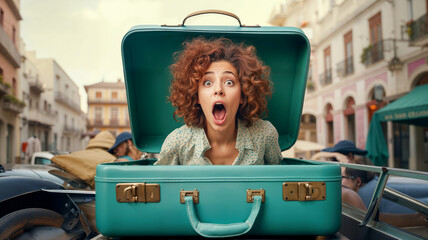 surprised woman coming out of a suitcase - 718378008