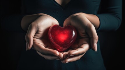  a woman's hands holding a red heart in the palm of her cupped hands, against a black background.