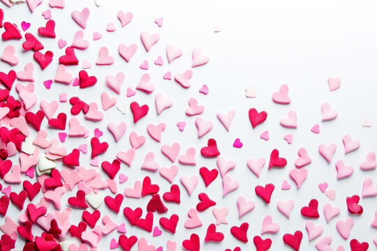 A pattern of pink and red hearts on a white background with a border of small hearts