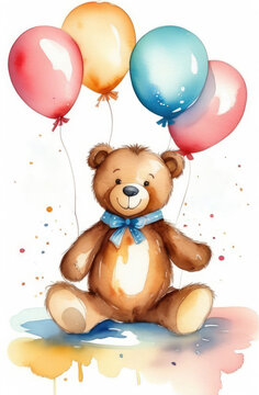 teddy bear with bow tie and colorful balloons on white background, watercolor birthday greeting card
