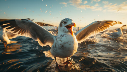Seagull flying mid air, wings spread, nature beauty in blue generated by AI - obrazy, fototapety, plakaty