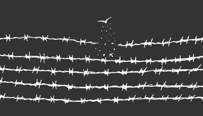 concept freedom, flight, breaking barriers, liberation, victory. barbed wire breaks and turns into a bird - obrazy, fototapety, plakaty
