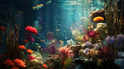  an underwater scene of a coral reef with a variety of colorful corals and other marine life, with sunlight streaming through the water.