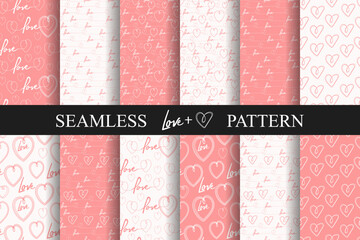 word Love and Hearts pink and white seamless pattern set, original lovely romance drawn, wallpaper for banner, wrapping paper, greeting card, poster