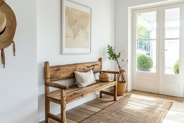 Fototapeta na wymiar A wooden bench set against a white wall with a stylish poster frame, crafting an ethnic yet contemporary vibe in the entrance hall generative ai