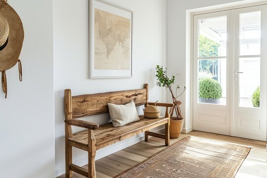 A wooden bench set against a white wall with a stylish poster frame, crafting an ethnic yet contemporary vibe in the entrance hall generative ai