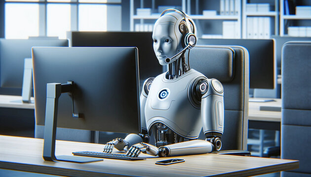 AI humanoid robot sitting at keyboard typing with customer service headset wallpaper background