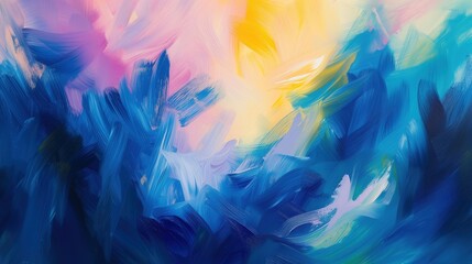 Messy abstract paint brush background texture, blue, yellow and purple wallpaper, heavy and light...