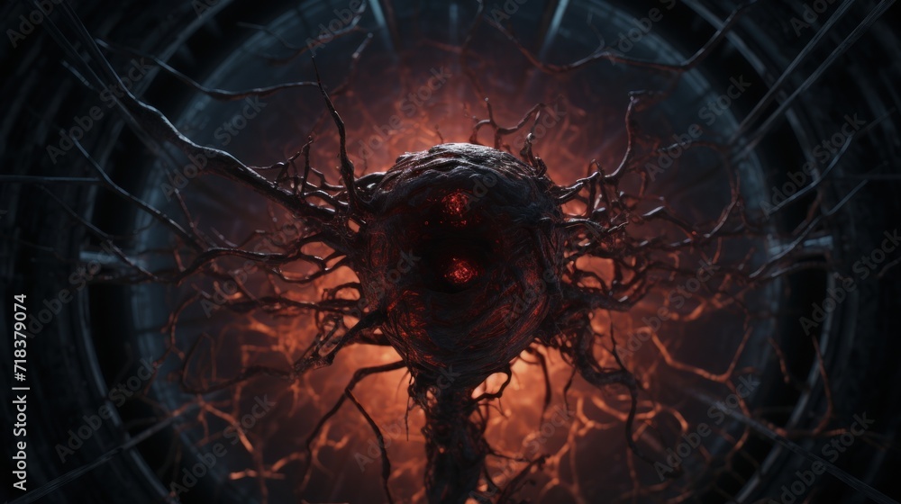 Poster a strange looking object in the middle of a dark room with a red light coming from it's center.
