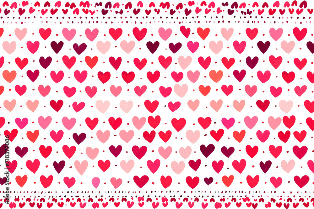 Poster a pattern of pink and red hearts on a white background with a border of small hearts
