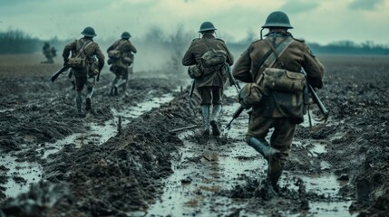 Soldiers with helmets running on wet ground in the middle of the world war. concept real world conflicts