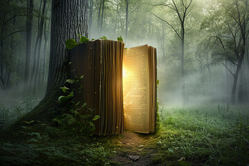 a book of fairy tales inside which there is a magical glowing door leading to a fairyland. forest foggy landscape.