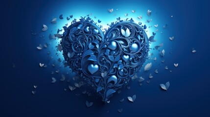  a blue heart surrounded by butterflies in the middle of a dark blue background with a blue light in the middle of the heart.