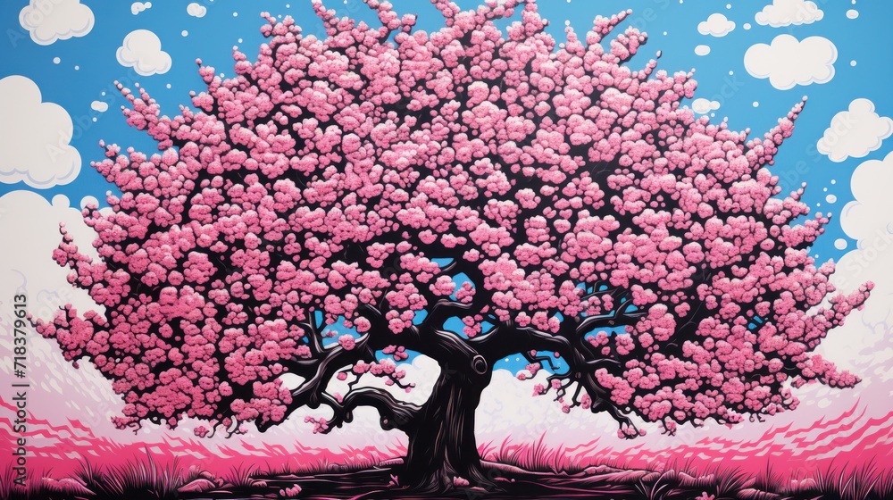 Poster a painting of a pink tree in the middle of a field with a blue sky and clouds in the background.