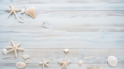 Fototapeta na wymiar Soothing Beach-Inspired Wood Texture Background with Weathered Driftwood and Seashell Accents
