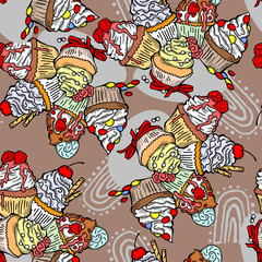 Tasty sweet cupcake dessert decorative seamless pattern for textile design, fabric print, digital or wrapping paper, wallpaper, background and backdrop, bakery shop decoration, cafe, restaurant menu.