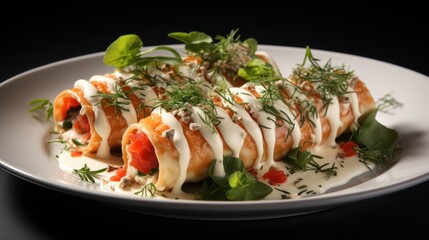  a white plate topped with meat covered in sauce and garnished with fresh herbs and garnishes.