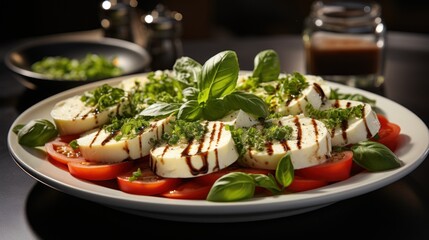  a plate of mozzarella, tomatoes, basil, and mozzarella sauce with a glass of brown liquid in the background.
