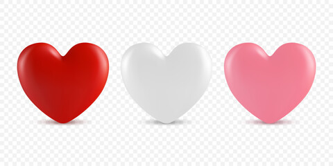 Vector 3d Realistic Heart Shape Closeup Isolated. Romantic Red, White and Pink Glossy Heart Shape Set for Valentine's Day. Template for Designs and Decorations