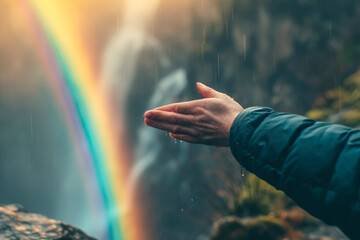 person reaching out to touch a rainbow, capturing the magic and beauty of life. - Powered by Adobe