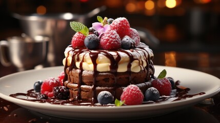Fototapeta na wymiar a chocolate cake with raspberries, blueberries, raspberries, and a chocolate sauce drizzled on top.