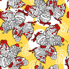 Tasty sweet cupcake dessert decorative seamless pattern for textile design, fabric print, digital or wrapping paper, wallpaper, background and backdrop, bakery shop decoration, cafe, restaurant menu.