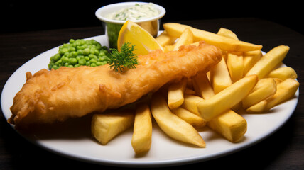Classic British fish and chips served with peas and a wedge of lemon, a symbol of traditional seaside dining