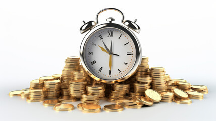 A timeless concept captured in this image: a clock surrounded by coins symbolizing financial...