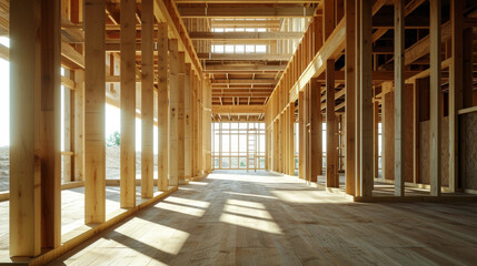 Wooden frame of a house. House frame under construction. Wood framing on the inside.