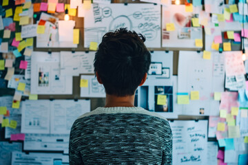 person standing in front of a wall covered in sticky notes, organizing ideas