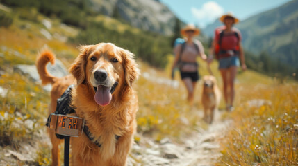 A happy golden retriever dog travel on his holiday together with family.