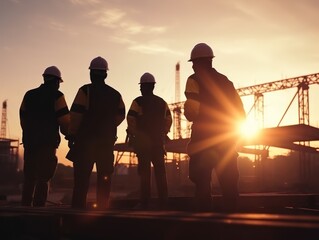 Multi ethic workers talking at construction site reviewing plans