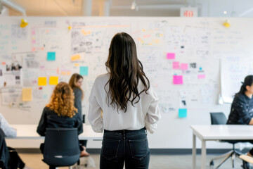 person standing in front of a whiteboard, brainstorming with a group of colleagues