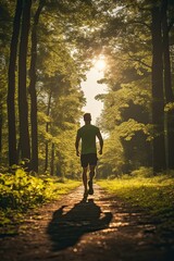Obraz premium Sportsman does morning exercises against the backdrop of a spring forest,