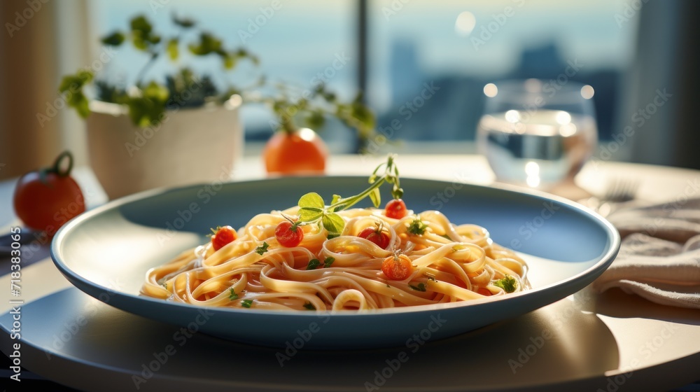Poster a close up of a plate of pasta on a table with a view of the ocean and a glass of wine in the backgr