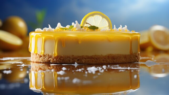  a piece of cake sitting on top of a table covered in icing and a slice of lemon on top of it.